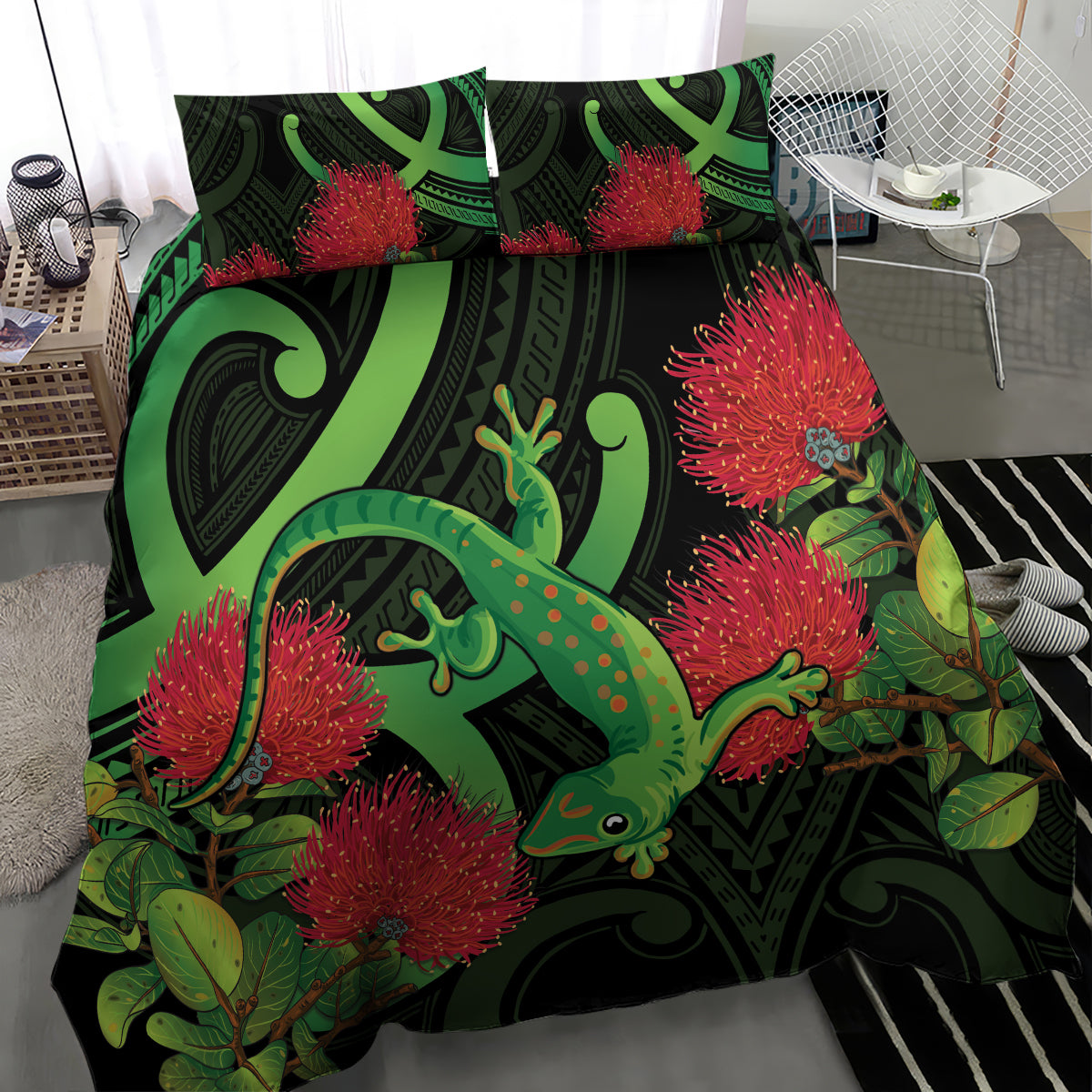 New Zealand Gecko Bedding Set Aotearoa Maori With Pohutukawa Flowers - Vibe Hoodie Shop