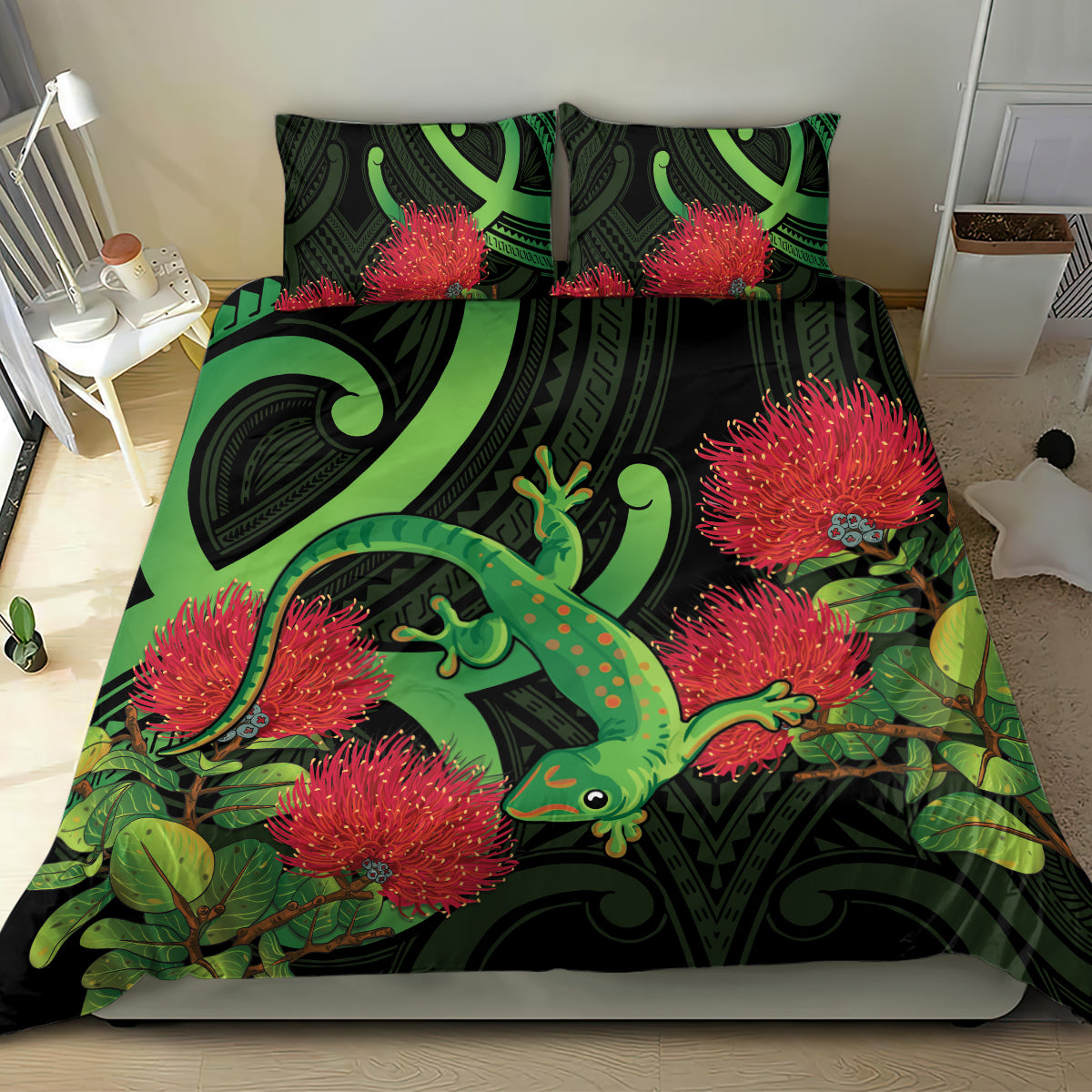 New Zealand Gecko Bedding Set Aotearoa Maori With Pohutukawa Flowers - Vibe Hoodie Shop