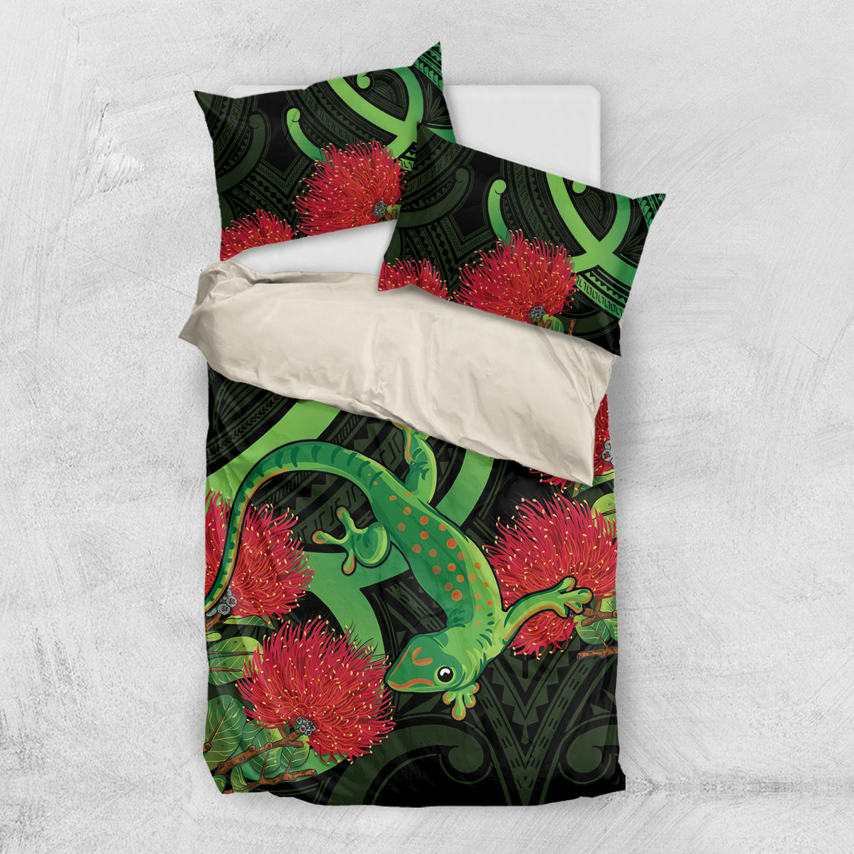 New Zealand Gecko Bedding Set Aotearoa Maori With Pohutukawa Flowers - Vibe Hoodie Shop