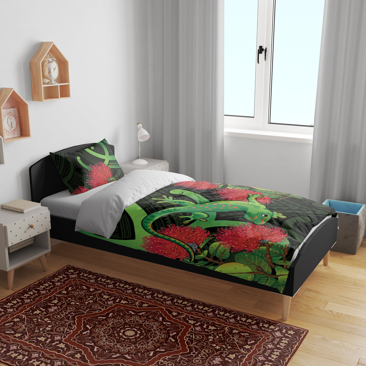 New Zealand Gecko Bedding Set Aotearoa Maori With Pohutukawa Flowers - Vibe Hoodie Shop