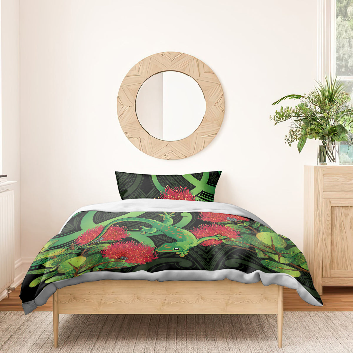 New Zealand Gecko Bedding Set Aotearoa Maori With Pohutukawa Flowers - Vibe Hoodie Shop