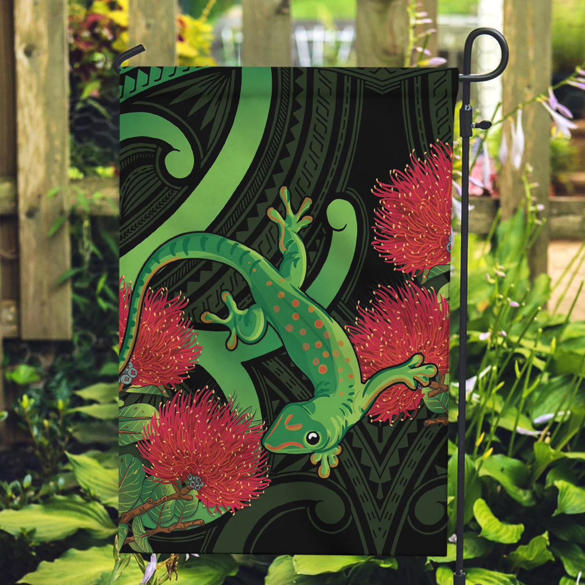 New Zealand Gecko Garden Flag Aotearoa Maori With Pohutukawa Flowers - Vibe Hoodie Shop