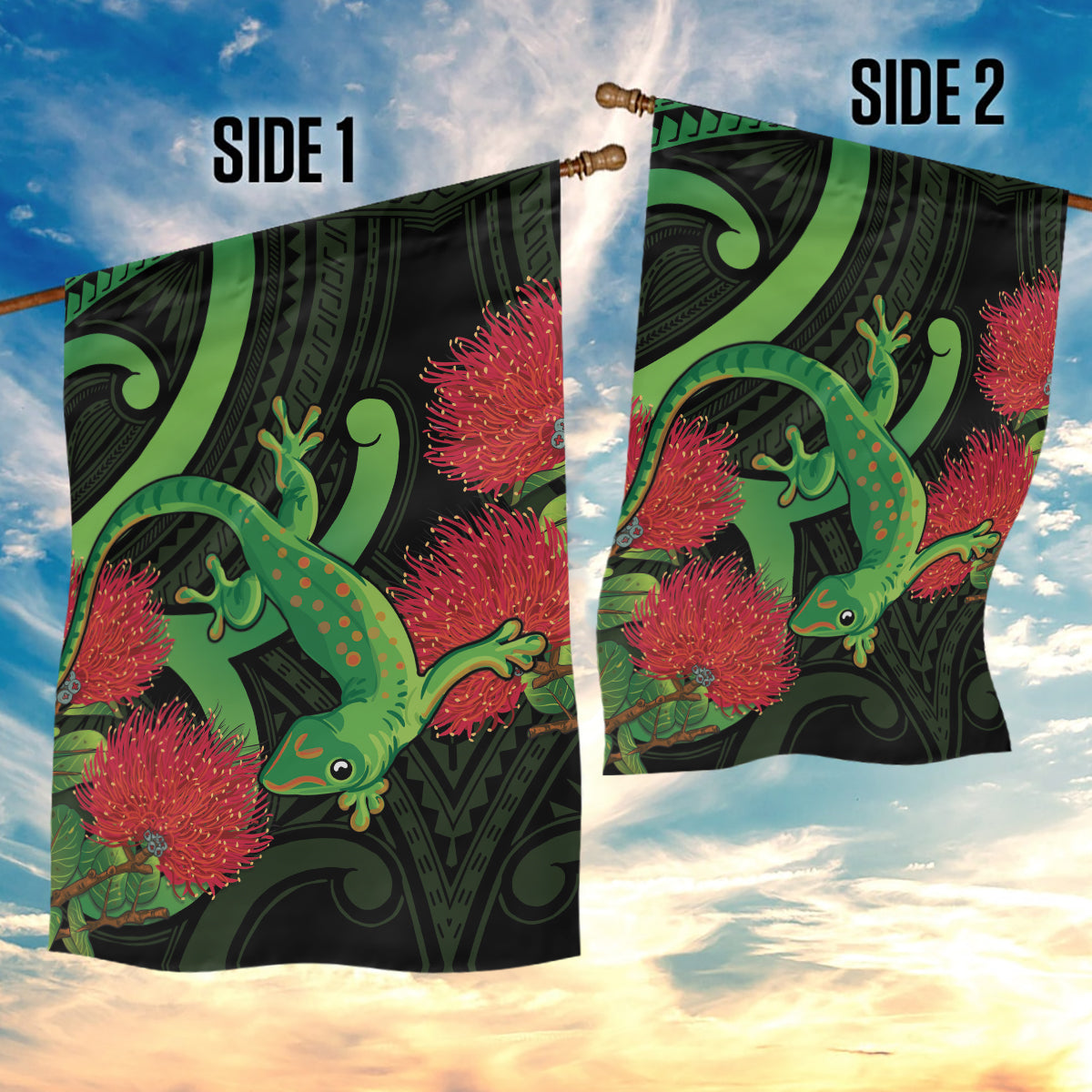 New Zealand Gecko Garden Flag Aotearoa Maori With Pohutukawa Flowers - Vibe Hoodie Shop