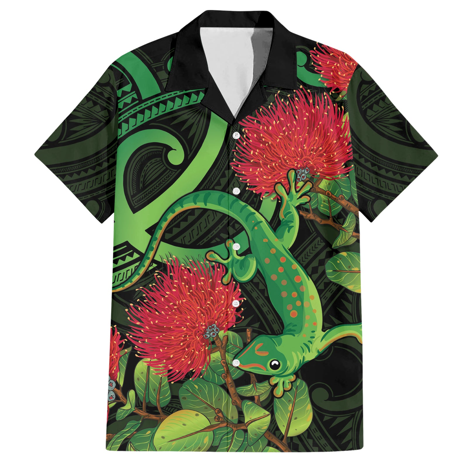 New Zealand Gecko Hawaiian Shirt Aotearoa Maori With Pohutukawa Flowers - Vibe Hoodie Shop