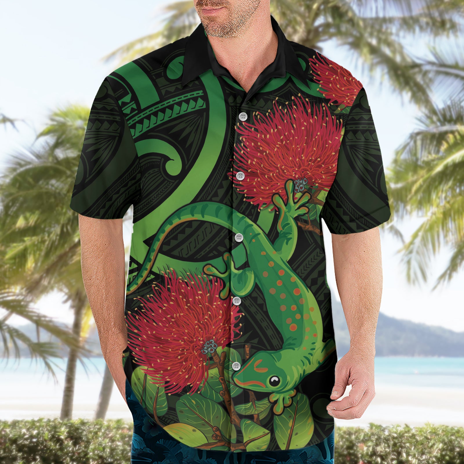 New Zealand Gecko Hawaiian Shirt Aotearoa Maori With Pohutukawa Flowers - Vibe Hoodie Shop