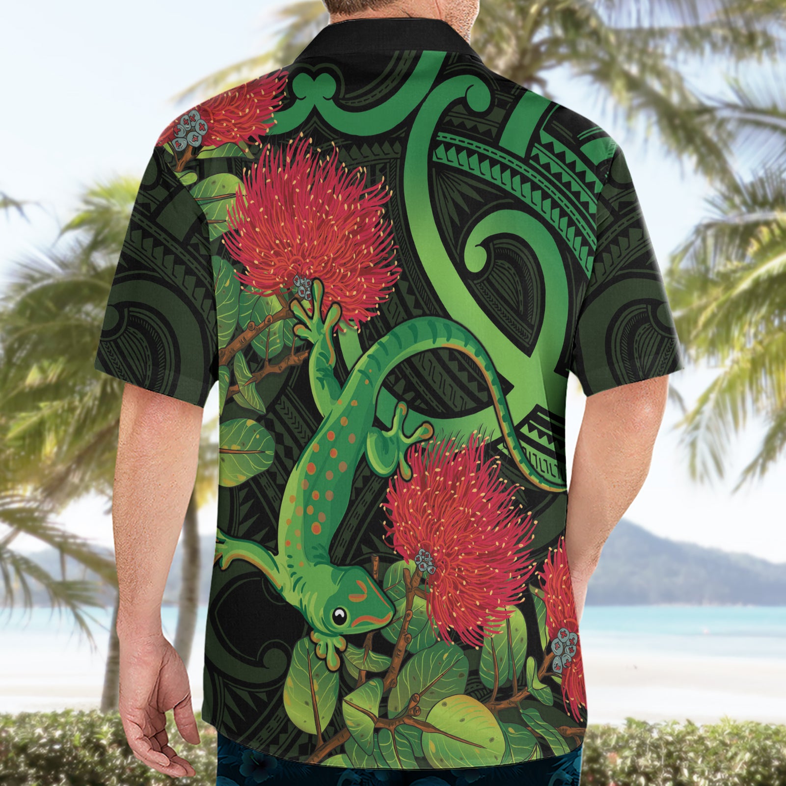 New Zealand Gecko Hawaiian Shirt Aotearoa Maori With Pohutukawa Flowers - Vibe Hoodie Shop