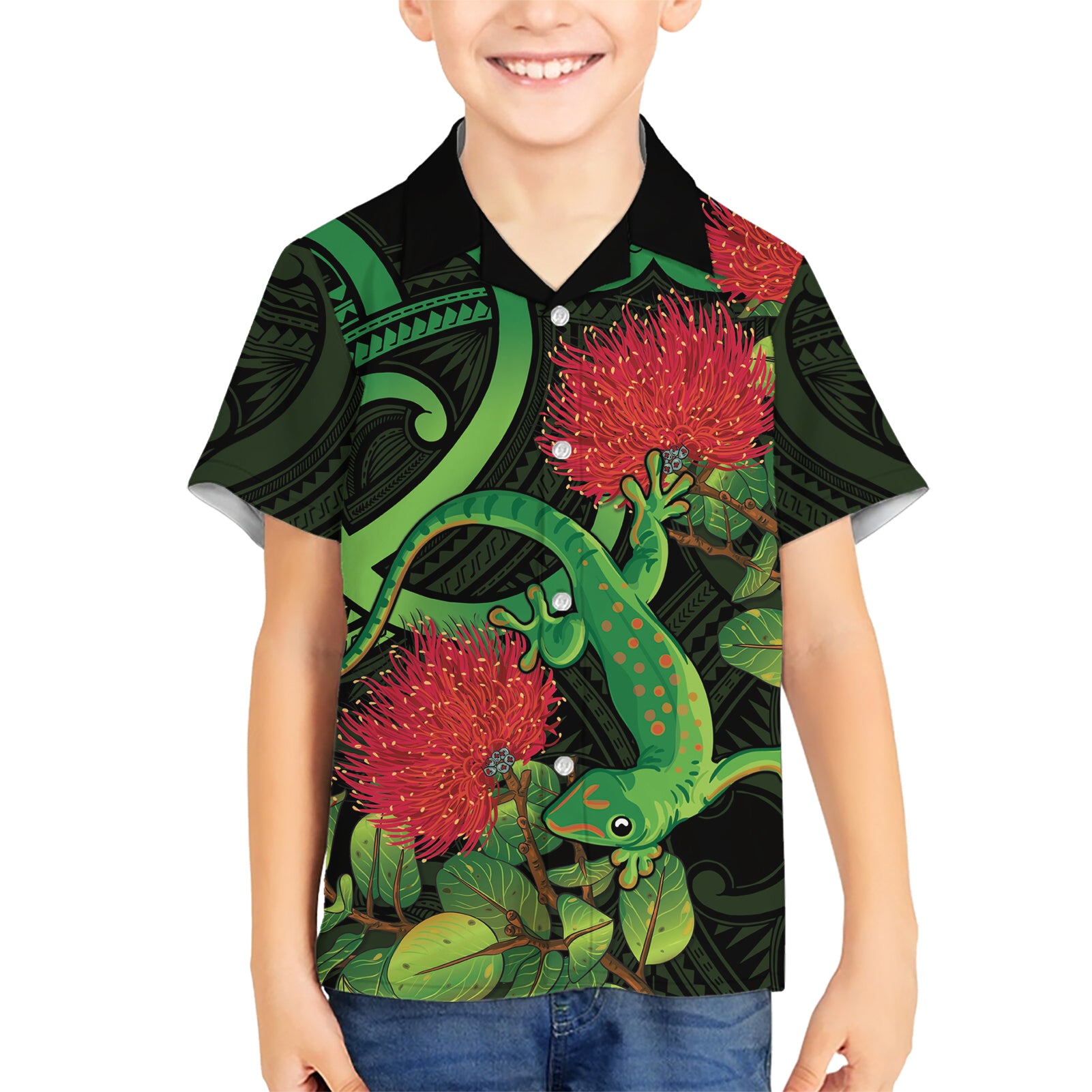 New Zealand Gecko Hawaiian Shirt Aotearoa Maori With Pohutukawa Flowers - Vibe Hoodie Shop