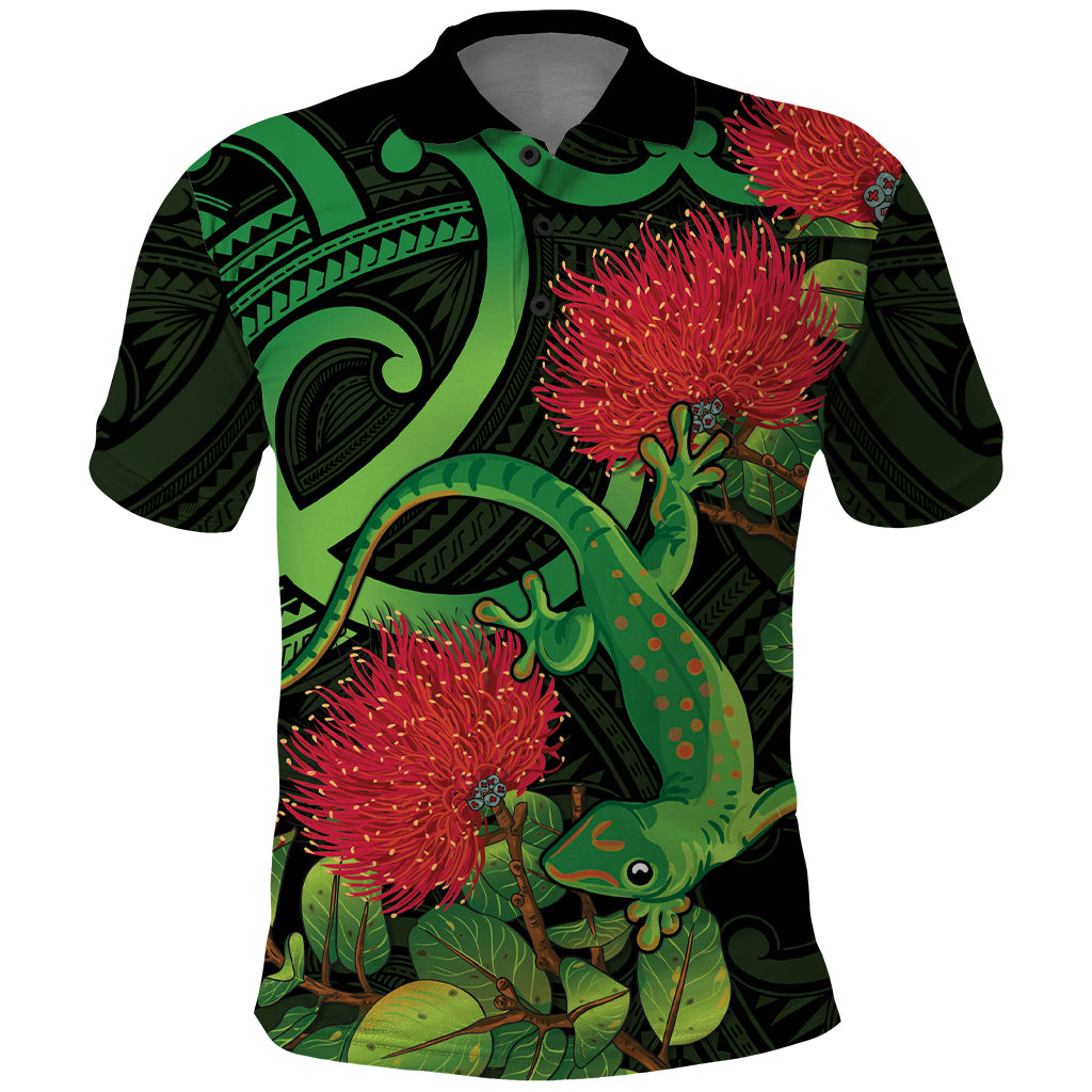 New Zealand Gecko Polo Shirt Aotearoa Maori With Pohutukawa Flowers - Vibe Hoodie Shop