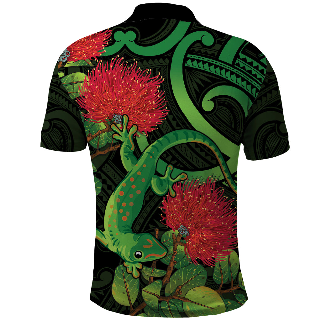 New Zealand Gecko Polo Shirt Aotearoa Maori With Pohutukawa Flowers - Vibe Hoodie Shop