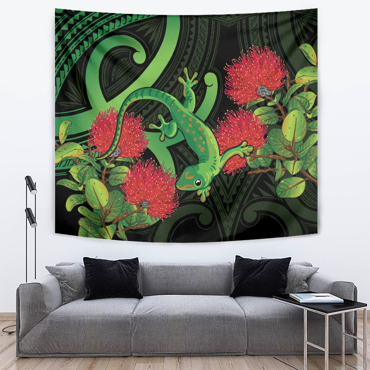 New Zealand Gecko Tapestry Aotearoa Maori With Pohutukawa Flowers - Vibe Hoodie Shop