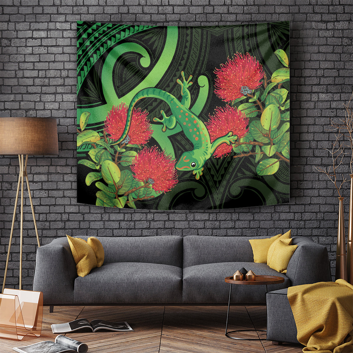 New Zealand Gecko Tapestry Aotearoa Maori With Pohutukawa Flowers - Vibe Hoodie Shop