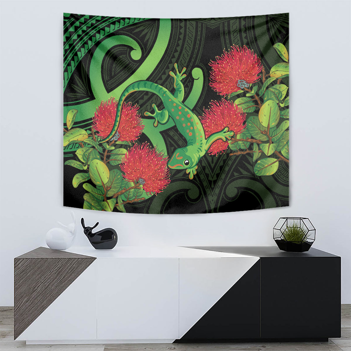 New Zealand Gecko Tapestry Aotearoa Maori With Pohutukawa Flowers - Vibe Hoodie Shop