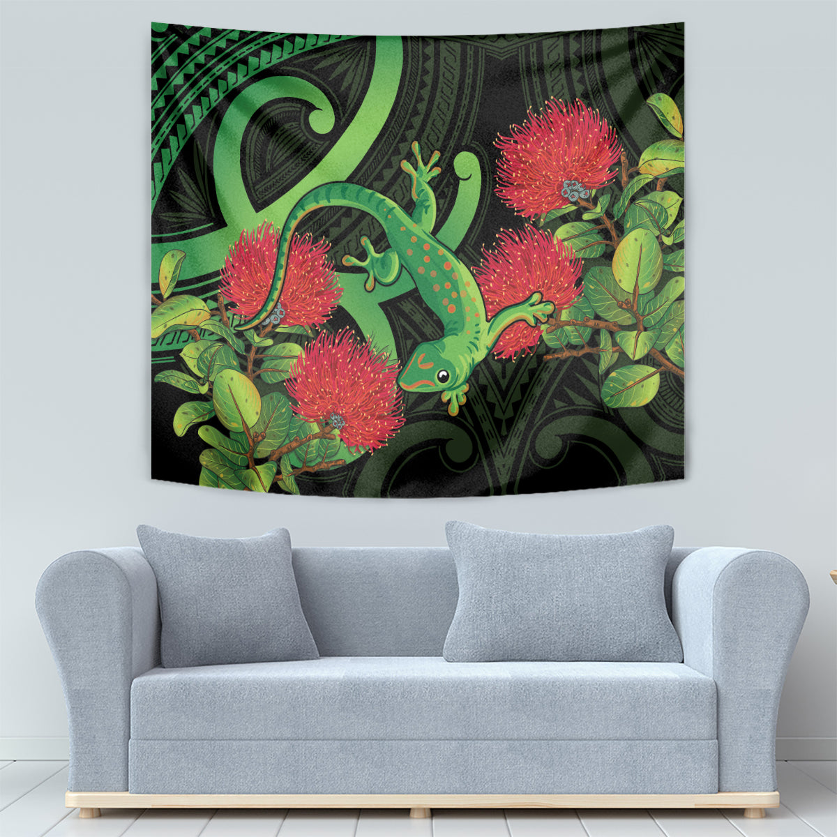 New Zealand Gecko Tapestry Aotearoa Maori With Pohutukawa Flowers - Vibe Hoodie Shop