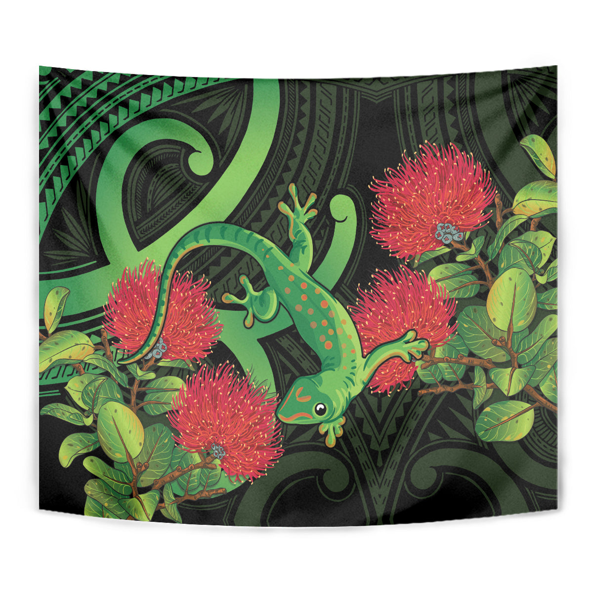 New Zealand Gecko Tapestry Aotearoa Maori With Pohutukawa Flowers - Vibe Hoodie Shop