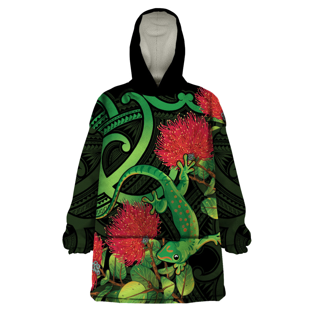 New Zealand Gecko Wearable Blanket Hoodie Aotearoa Maori With Pohutukawa Flowers - Vibe Hoodie Shop