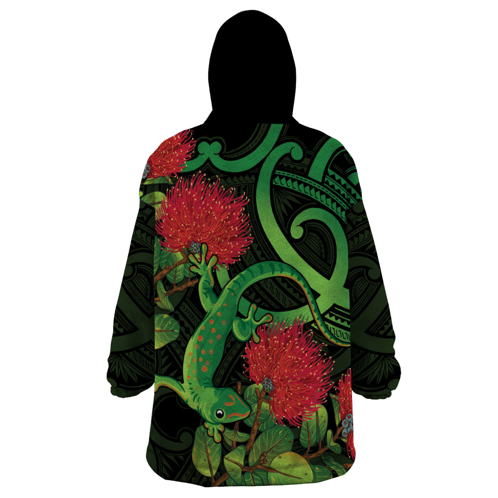 New Zealand Gecko Wearable Blanket Hoodie Aotearoa Maori With Pohutukawa Flowers - Vibe Hoodie Shop