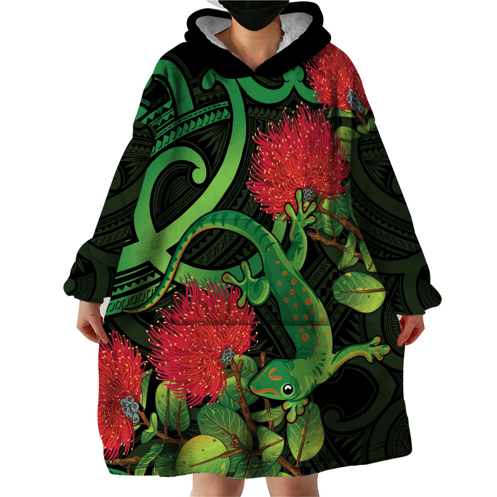 New Zealand Gecko Wearable Blanket Hoodie Aotearoa Maori With Pohutukawa Flowers - Vibe Hoodie Shop