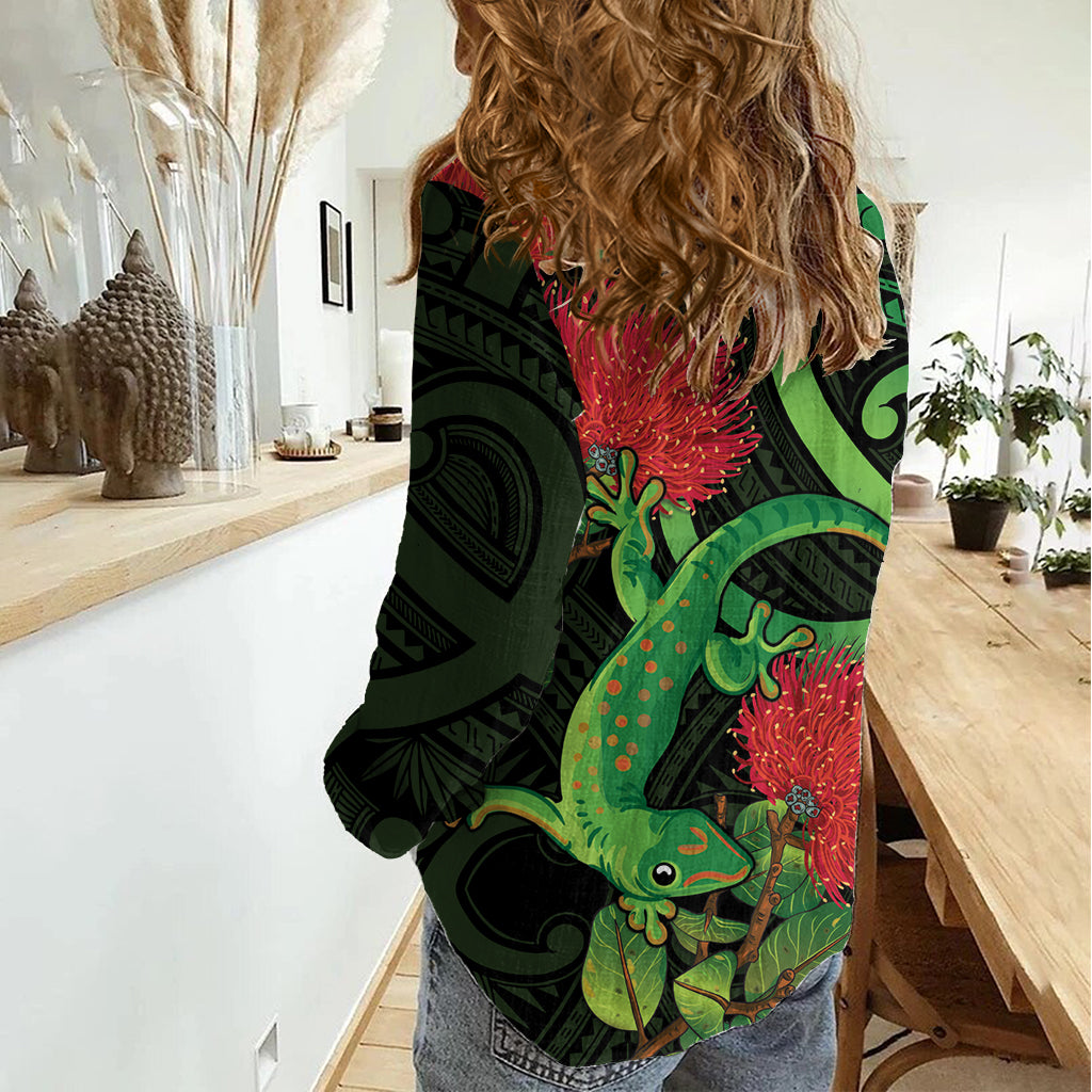 New Zealand Gecko Women Casual Shirt Aotearoa Maori With Pohutukawa Flowers - Vibe Hoodie Shop