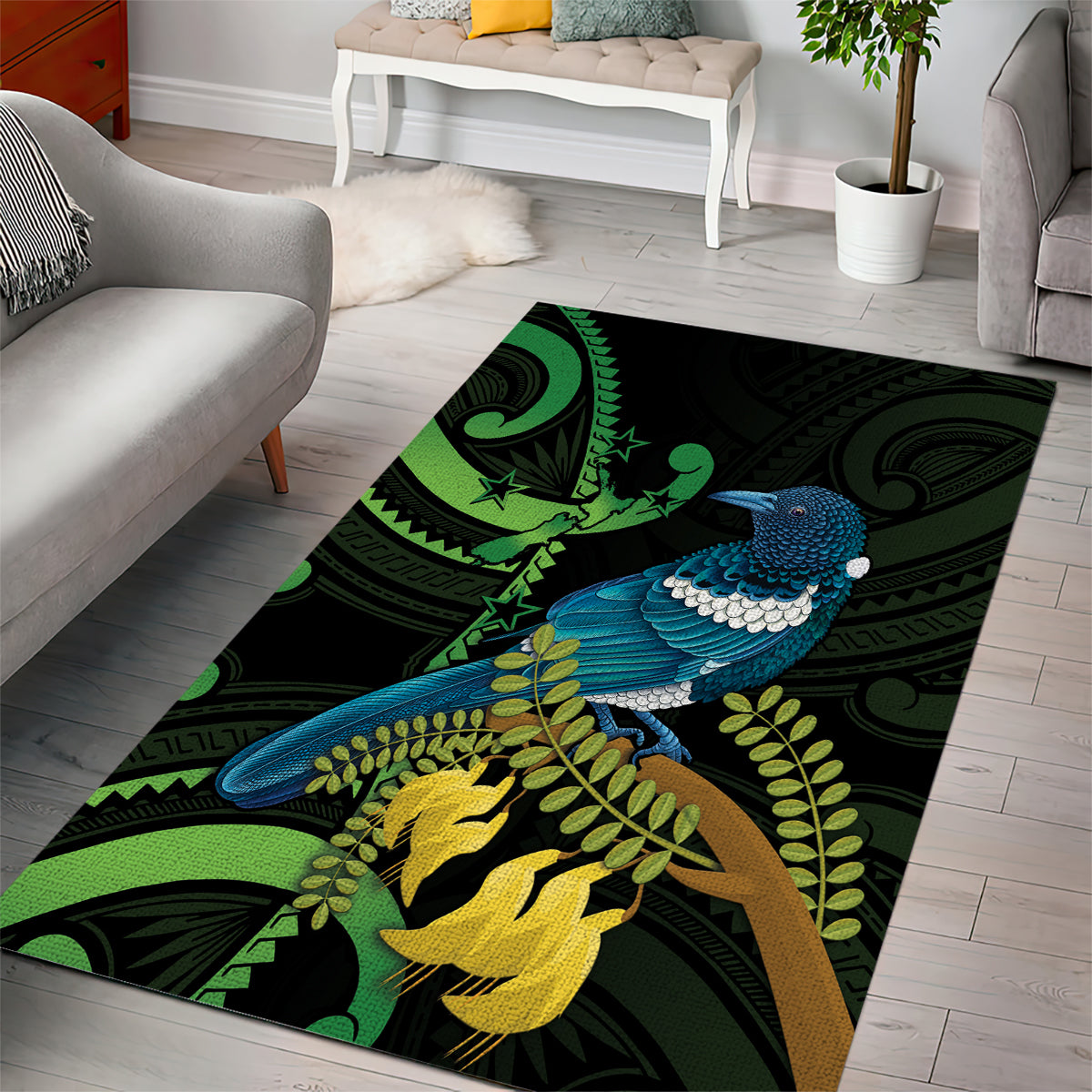 New Zealand Tui Bird Area Rug Aotearoa Maori With Kowhai Flowers - Vibe Hoodie Shop