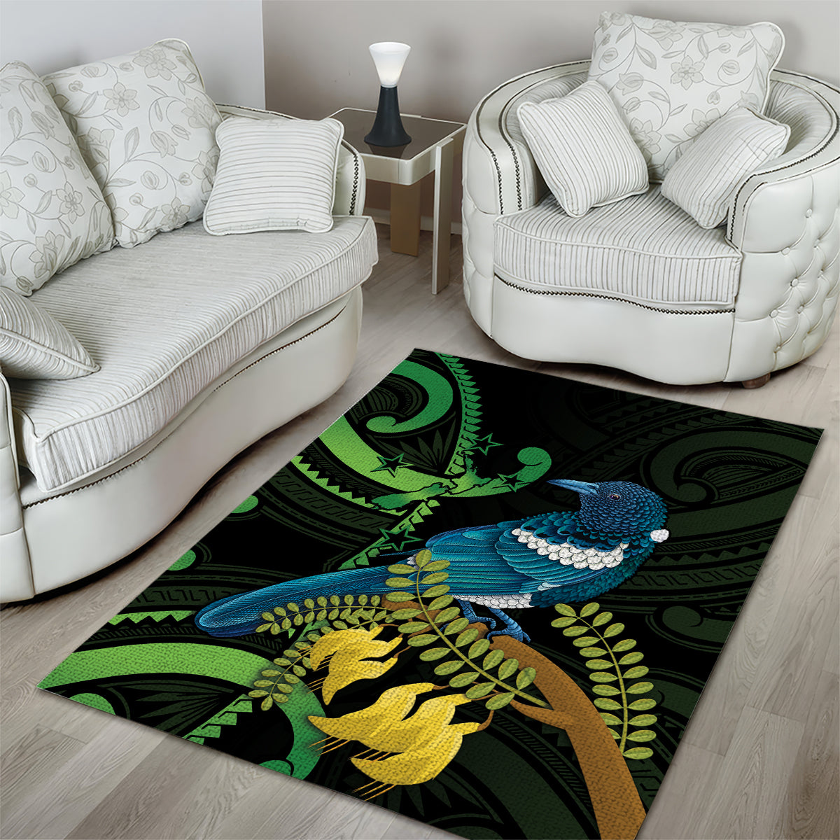 New Zealand Tui Bird Area Rug Aotearoa Maori With Kowhai Flowers - Vibe Hoodie Shop