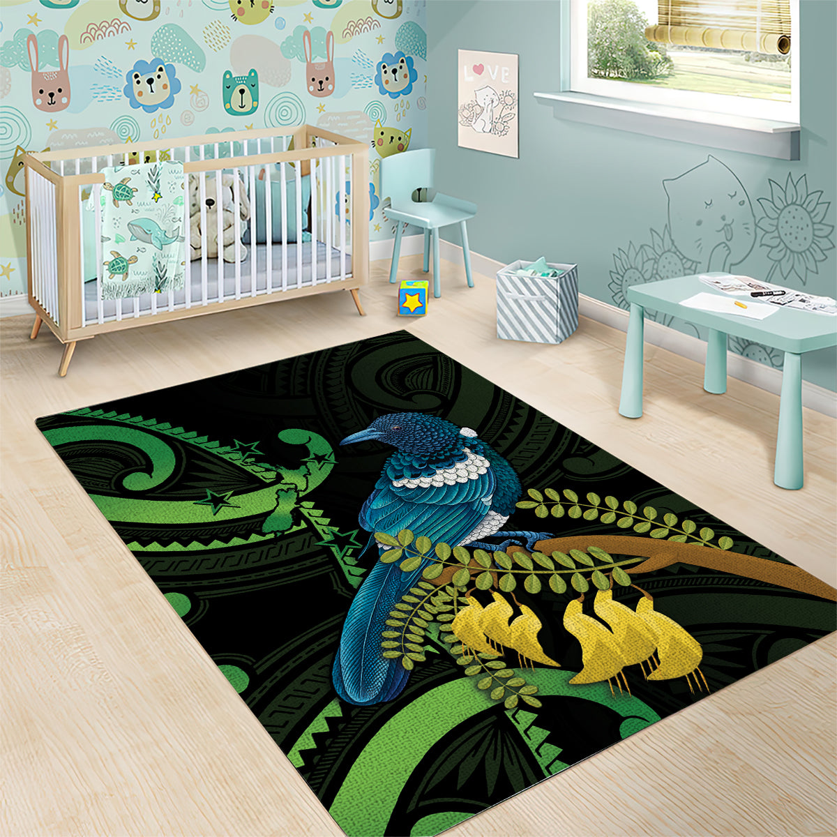 New Zealand Tui Bird Area Rug Aotearoa Maori With Kowhai Flowers - Vibe Hoodie Shop