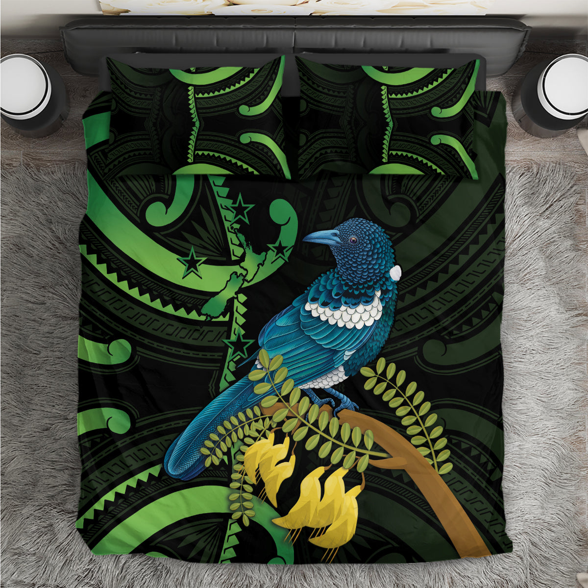 New Zealand Tui Bird Bedding Set Aotearoa Maori With Kowhai Flowers - Vibe Hoodie Shop