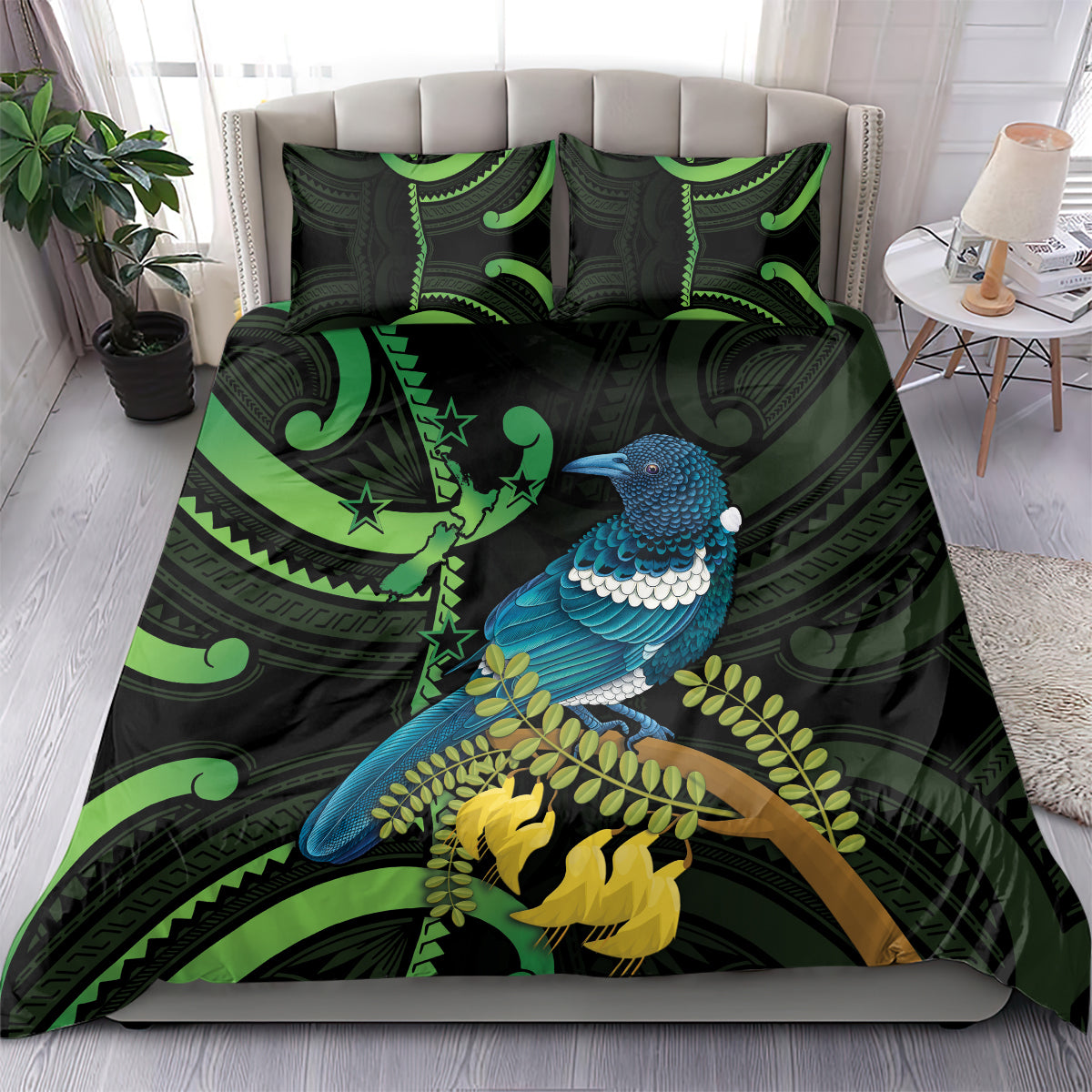 New Zealand Tui Bird Bedding Set Aotearoa Maori With Kowhai Flowers - Vibe Hoodie Shop