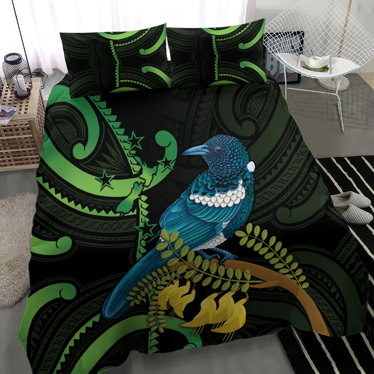 New Zealand Tui Bird Bedding Set Aotearoa Maori With Kowhai Flowers - Vibe Hoodie Shop
