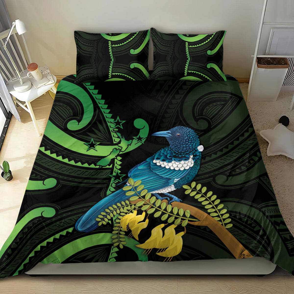 New Zealand Tui Bird Bedding Set Aotearoa Maori With Kowhai Flowers - Vibe Hoodie Shop