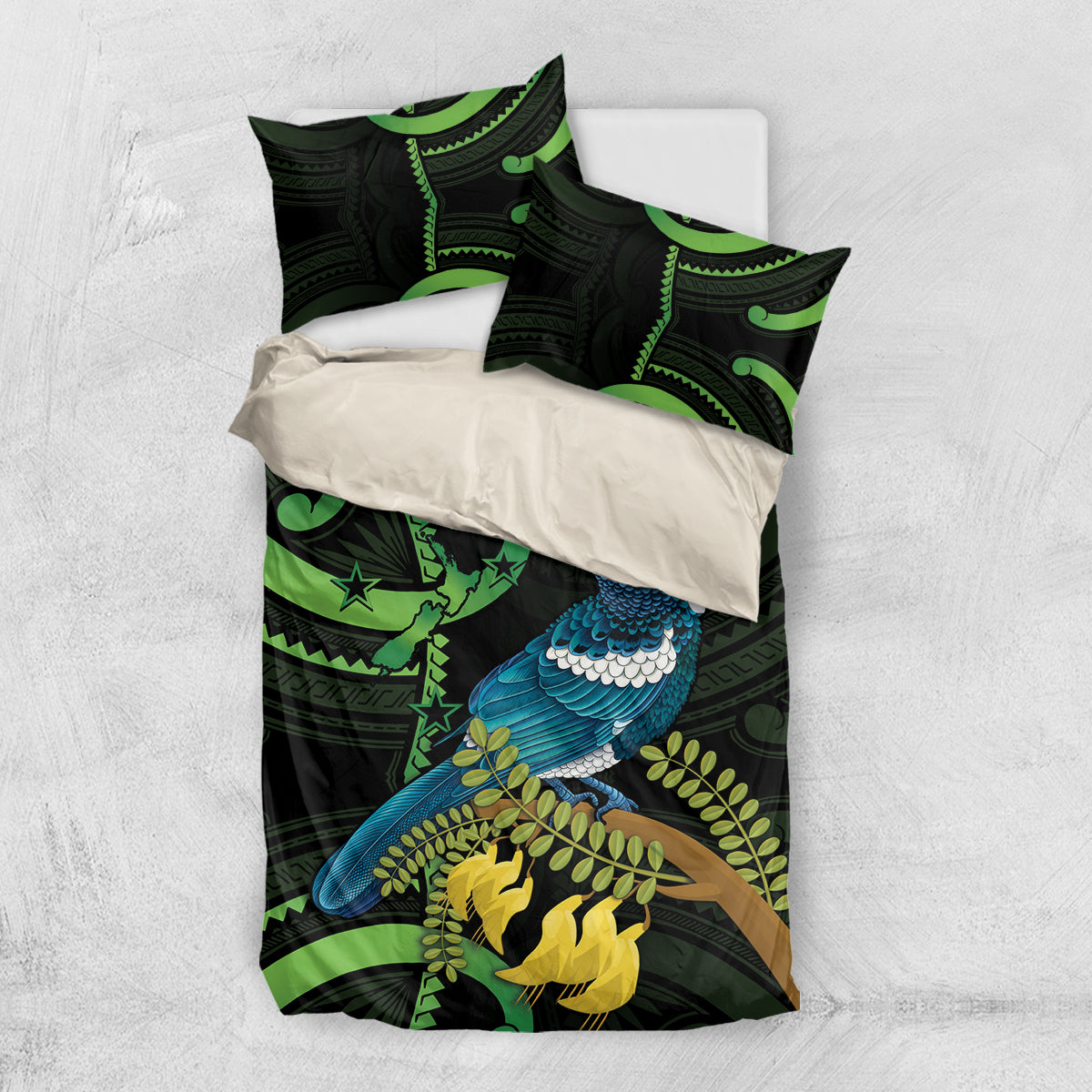 New Zealand Tui Bird Bedding Set Aotearoa Maori With Kowhai Flowers - Vibe Hoodie Shop