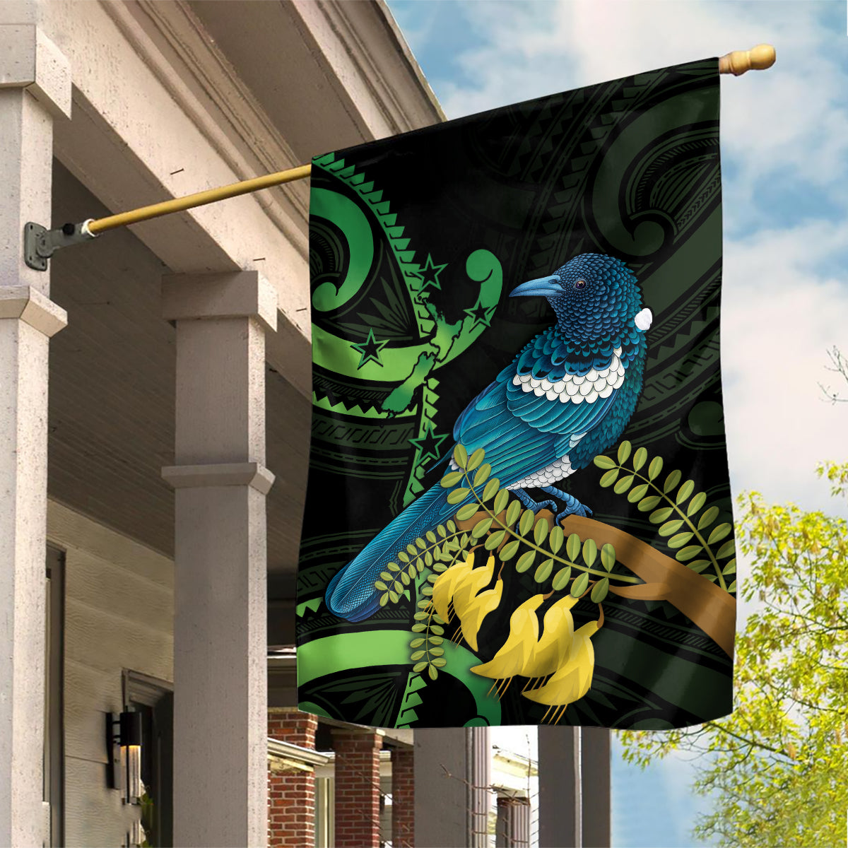 New Zealand Tui Bird Garden Flag Aotearoa Maori With Kowhai Flowers - Vibe Hoodie Shop