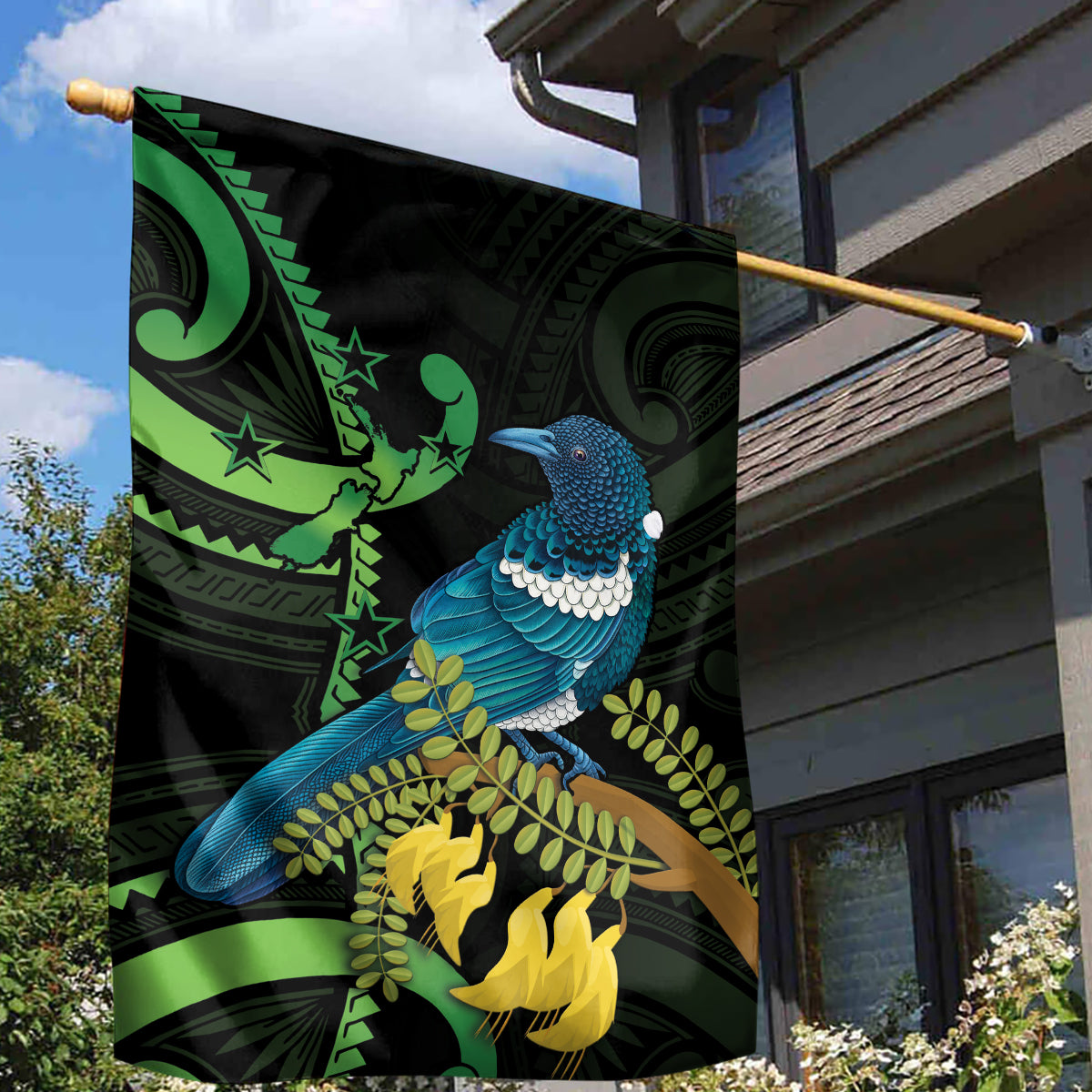 New Zealand Tui Bird Garden Flag Aotearoa Maori With Kowhai Flowers - Vibe Hoodie Shop