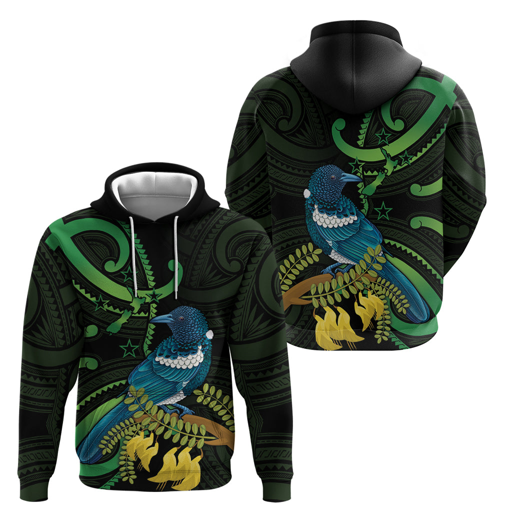 New Zealand Tui Bird Hoodie Aotearoa Maori With Kowhai Flowers - Vibe Hoodie Shop