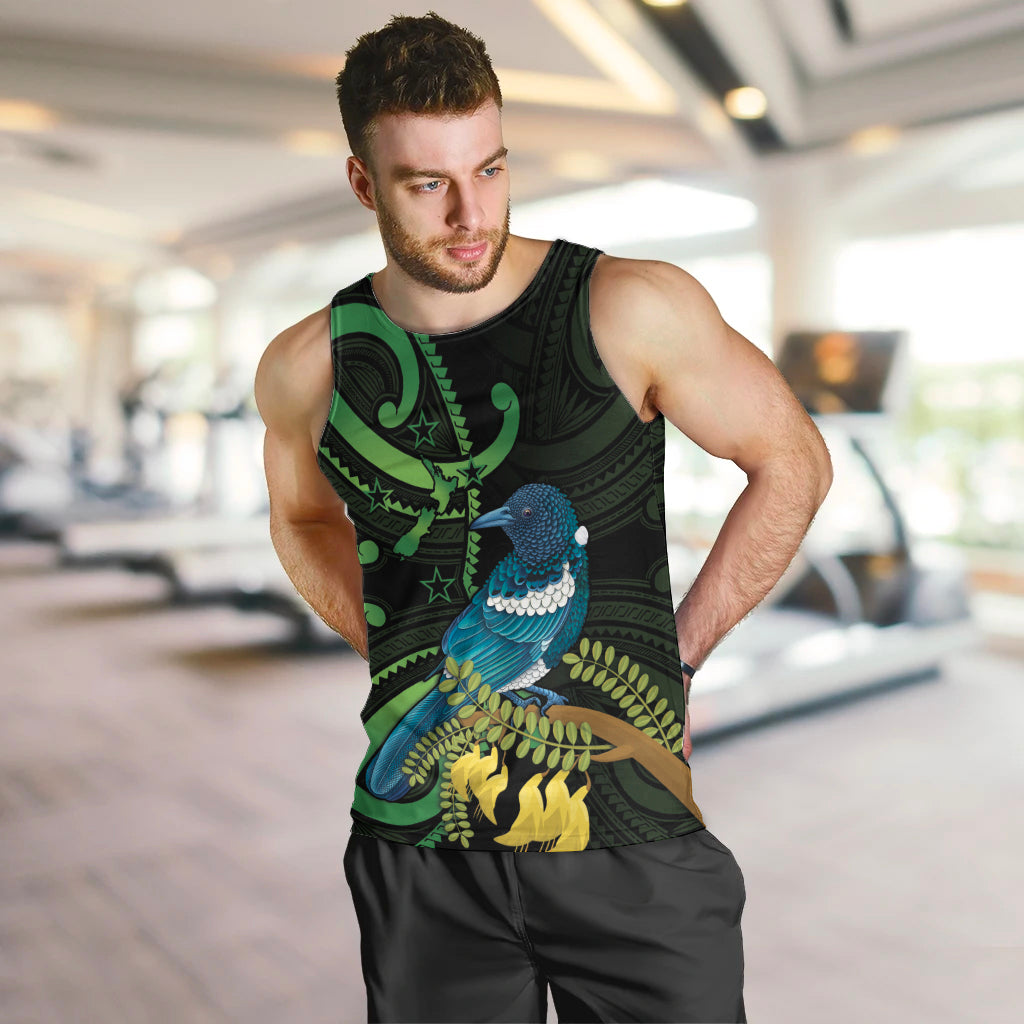 New Zealand Tui Bird Men Tank Top Aotearoa Maori With Kowhai Flowers - Vibe Hoodie Shop