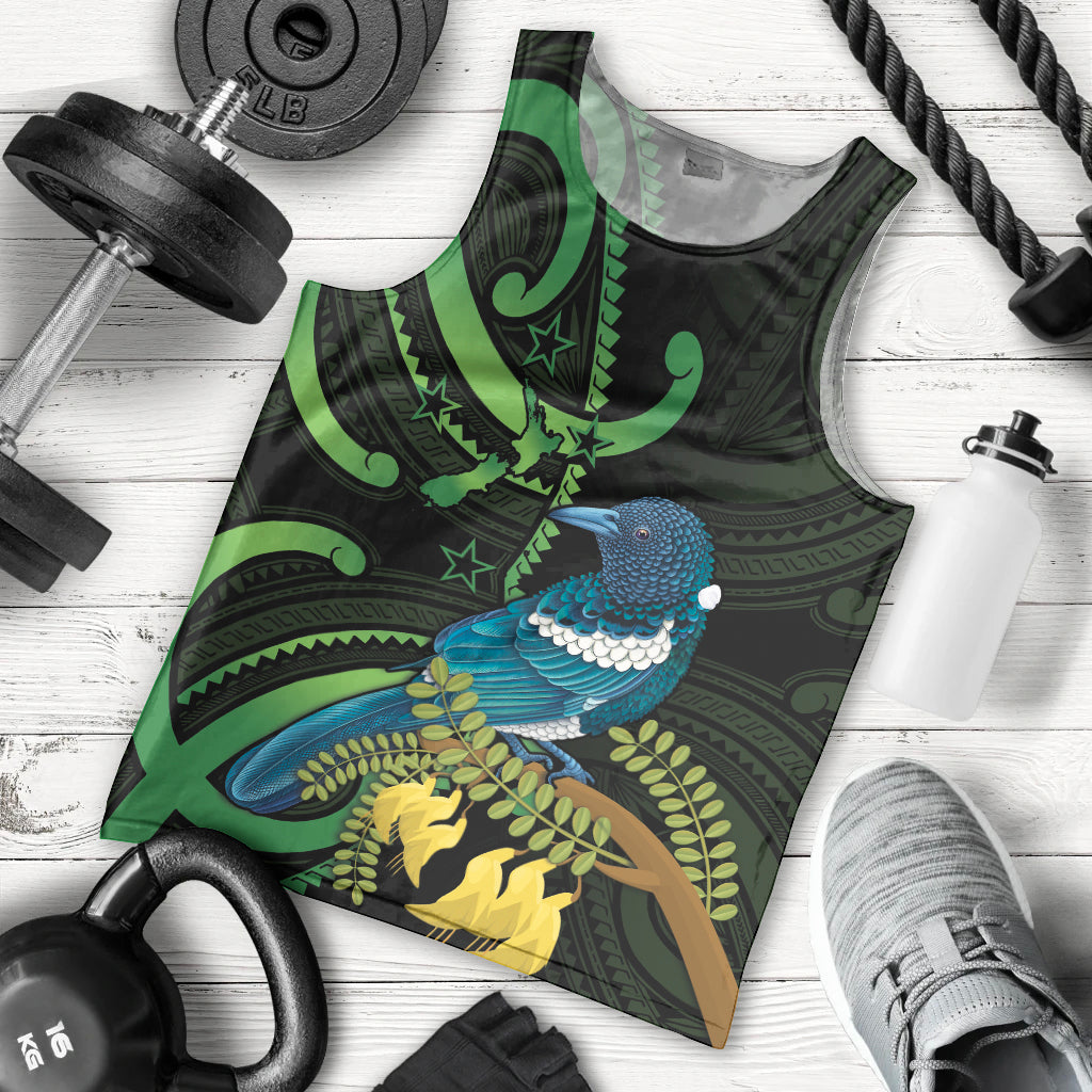New Zealand Tui Bird Men Tank Top Aotearoa Maori With Kowhai Flowers - Vibe Hoodie Shop