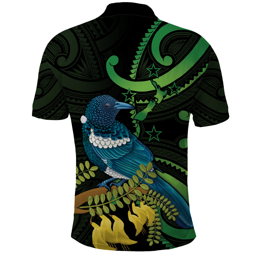 New Zealand Tui Bird Polo Shirt Aotearoa Maori With Kowhai Flowers - Vibe Hoodie Shop