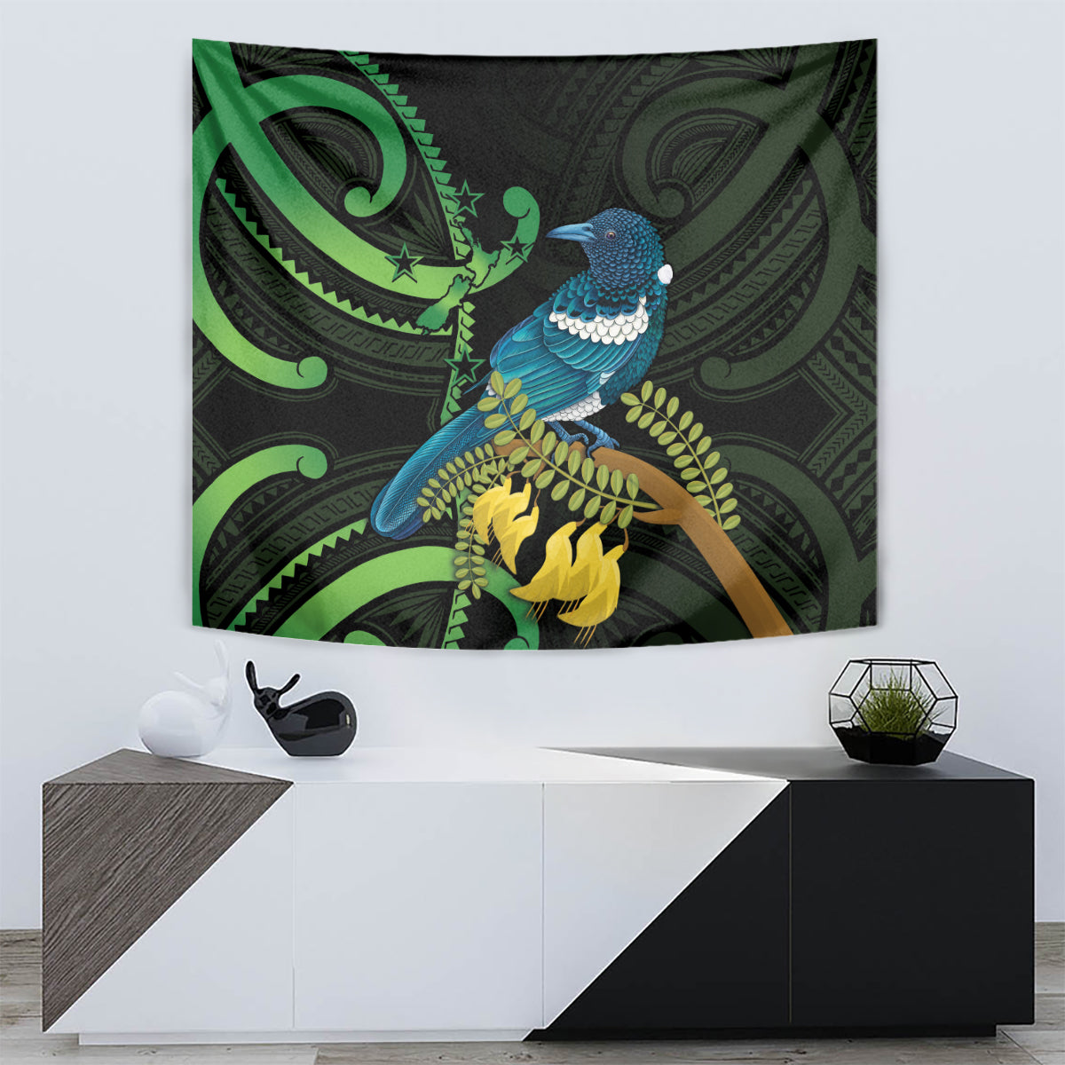 New Zealand Tui Bird Tapestry Aotearoa Maori With Kowhai Flowers - Vibe Hoodie Shop