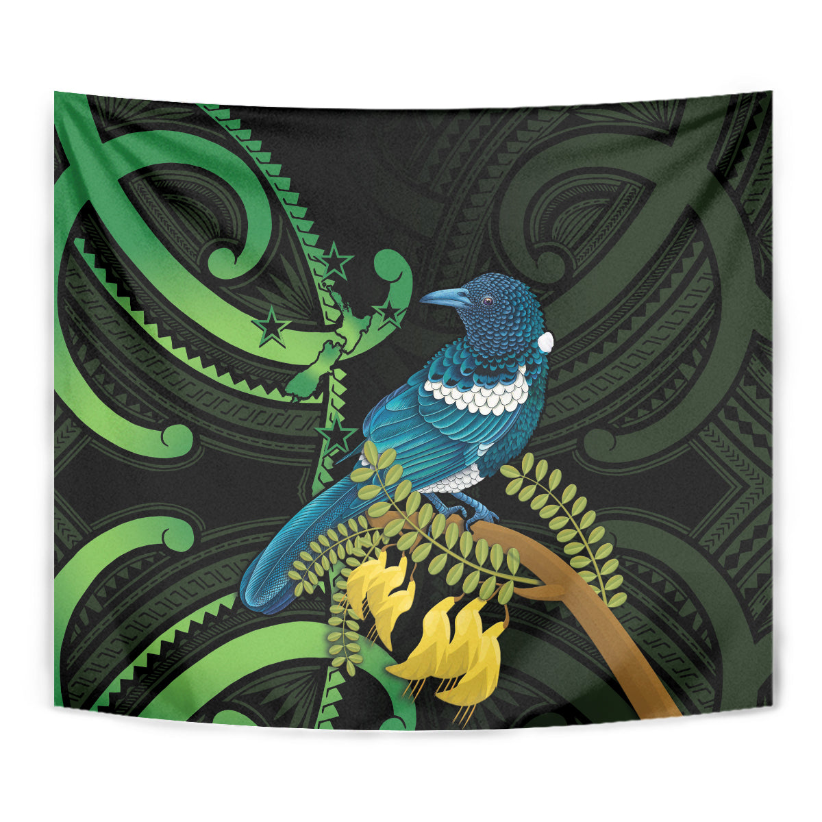 New Zealand Tui Bird Tapestry Aotearoa Maori With Kowhai Flowers - Vibe Hoodie Shop