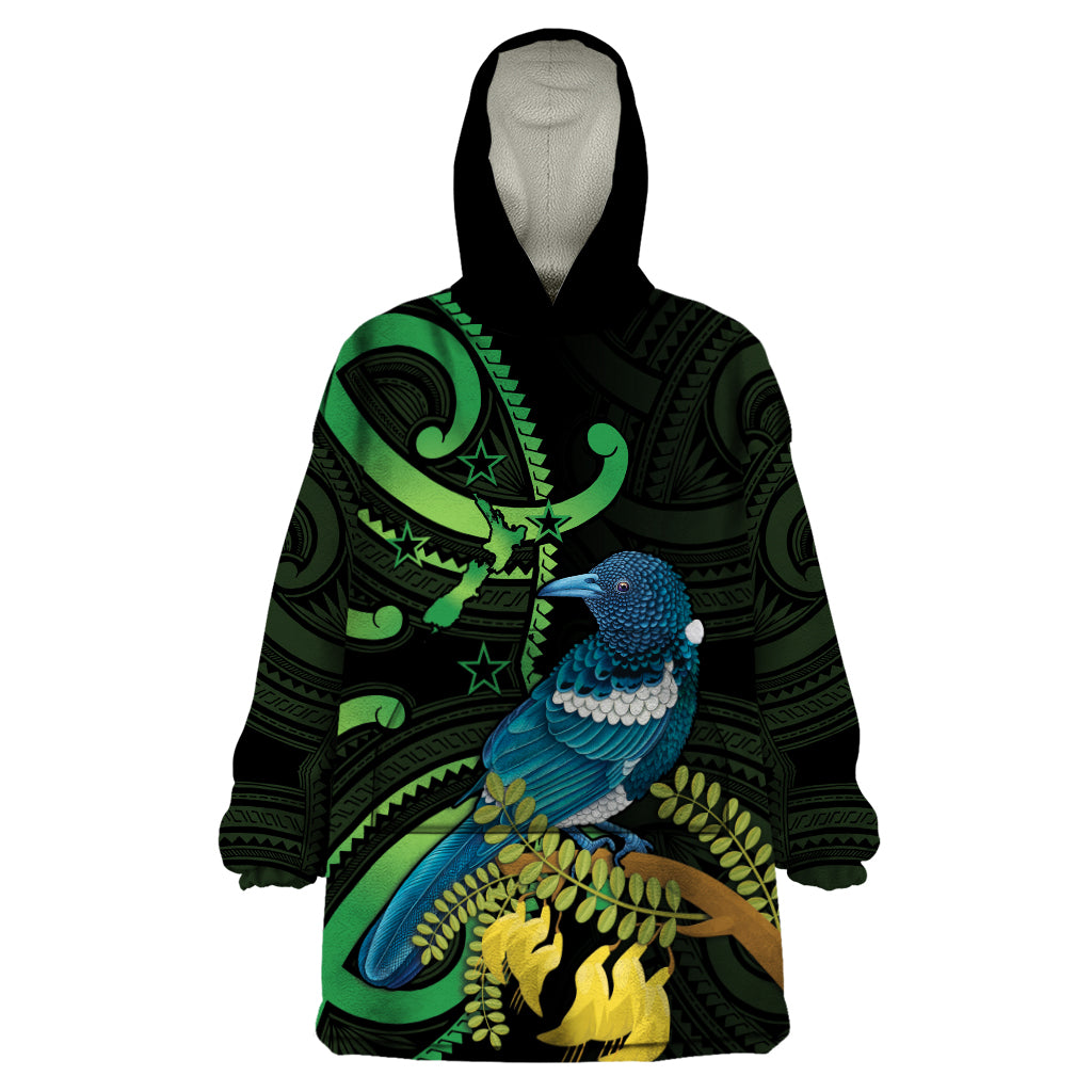 New Zealand Tui Bird Wearable Blanket Hoodie Aotearoa Maori With Kowhai Flowers - Vibe Hoodie Shop