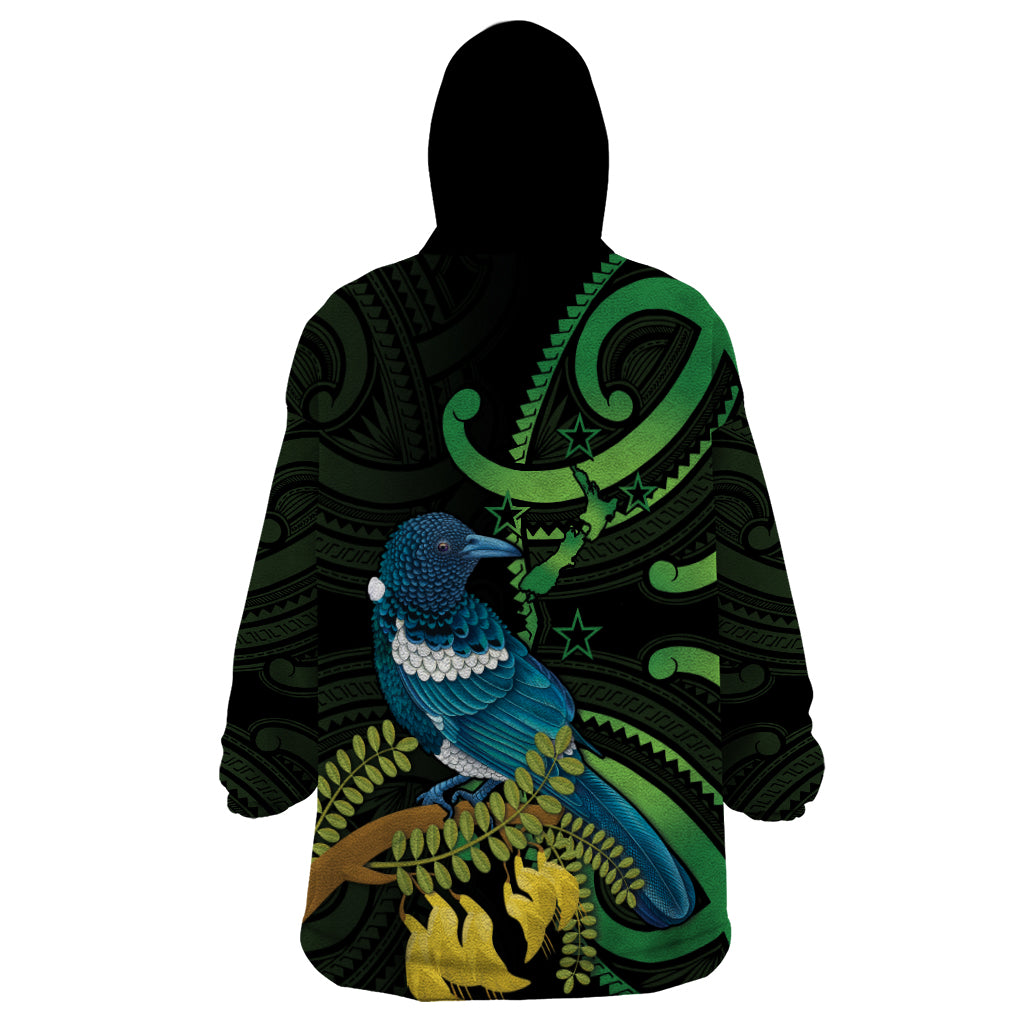 New Zealand Tui Bird Wearable Blanket Hoodie Aotearoa Maori With Kowhai Flowers - Vibe Hoodie Shop