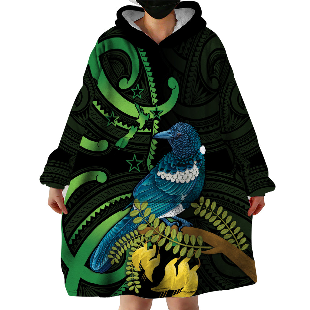 New Zealand Tui Bird Wearable Blanket Hoodie Aotearoa Maori With Kowhai Flowers - Vibe Hoodie Shop