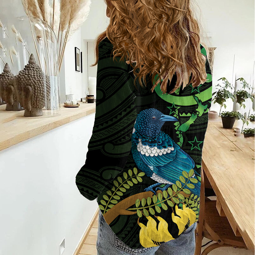 New Zealand Tui Bird Women Casual Shirt Aotearoa Maori With Kowhai Flowers - Vibe Hoodie Shop