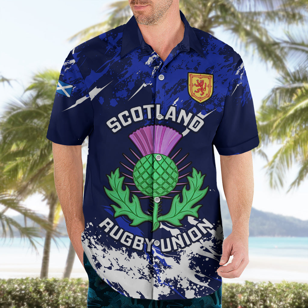 Custom Scotland Rugby Hawaiian Shirt World Cup 2023 Go Scottish Thistle Grunge Style - Vibe Hoodie Shop