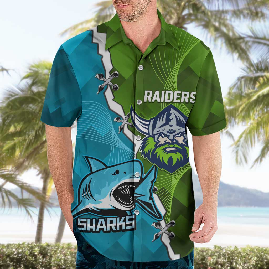 Personalised Sharks And Raiders Rugby Hawaiian Shirt Sporty Style - Vibe Hoodie Shop