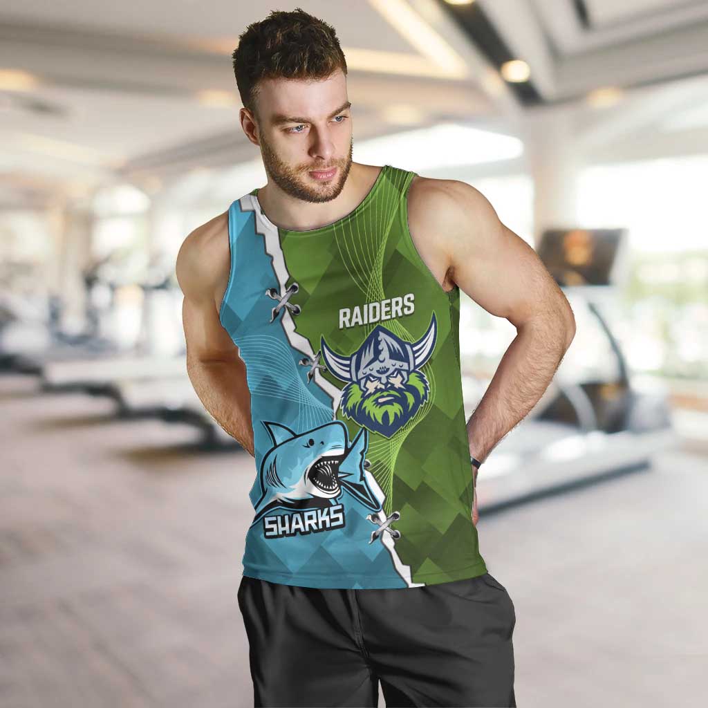 Personalised Sharks And Raiders Rugby Men Tank Top Sporty Style - Vibe Hoodie Shop