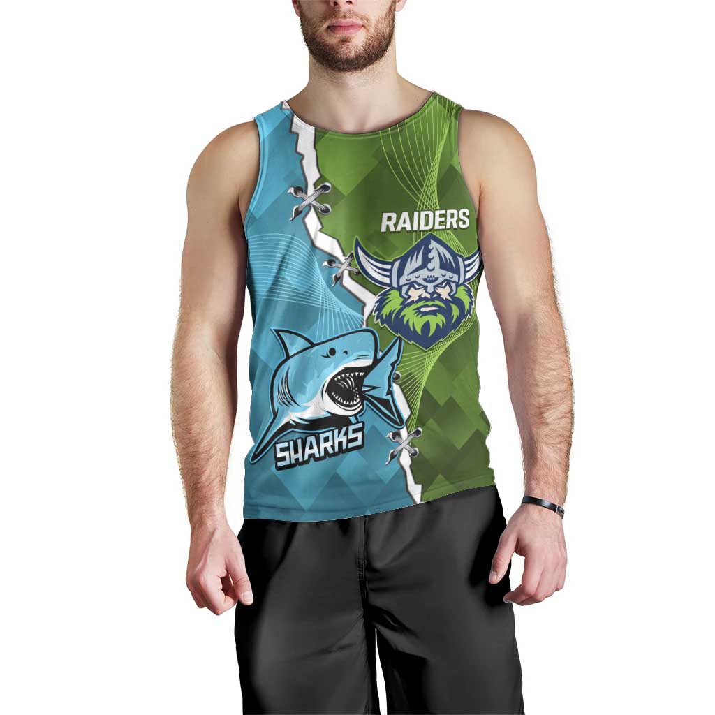 Personalised Sharks And Raiders Rugby Men Tank Top Sporty Style - Vibe Hoodie Shop