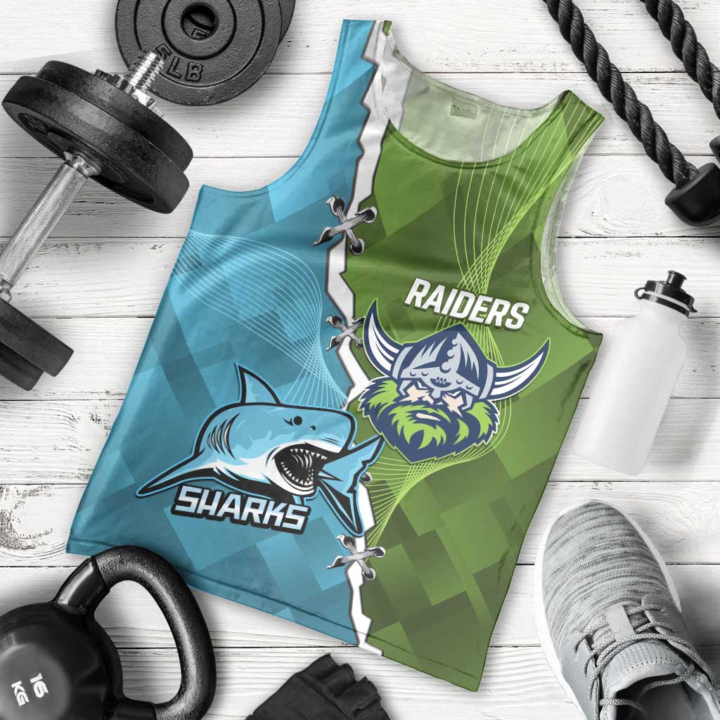 Personalised Sharks And Raiders Rugby Men Tank Top Sporty Style - Vibe Hoodie Shop
