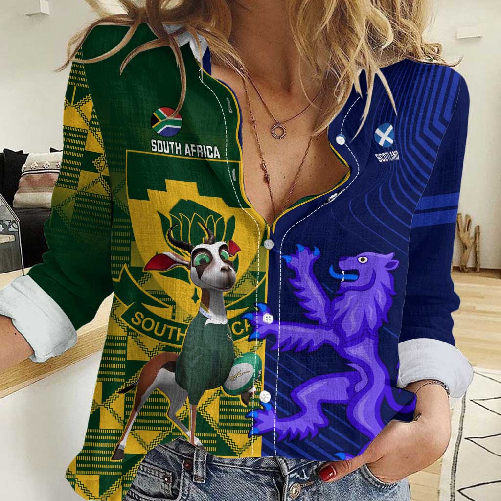Custom South Africa And Scotland Rugby Women Casual Shirt Springboks Thistle Together - Vibe Hoodie Shop