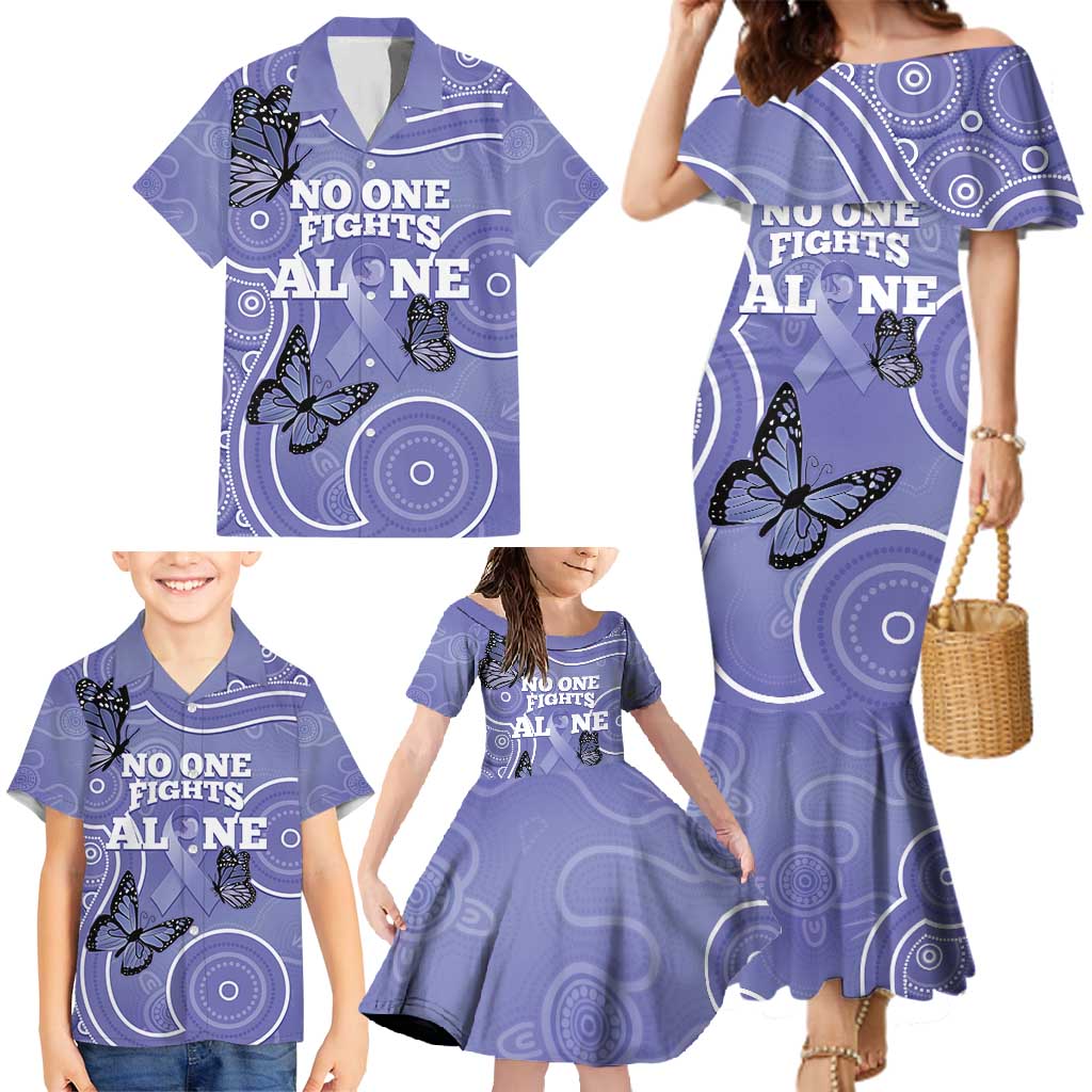 Australia Stomach Cancer Awareness Family Matching Mermaid Dress and Hawaiian Shirt No One Fights Alone Aboriginal Art