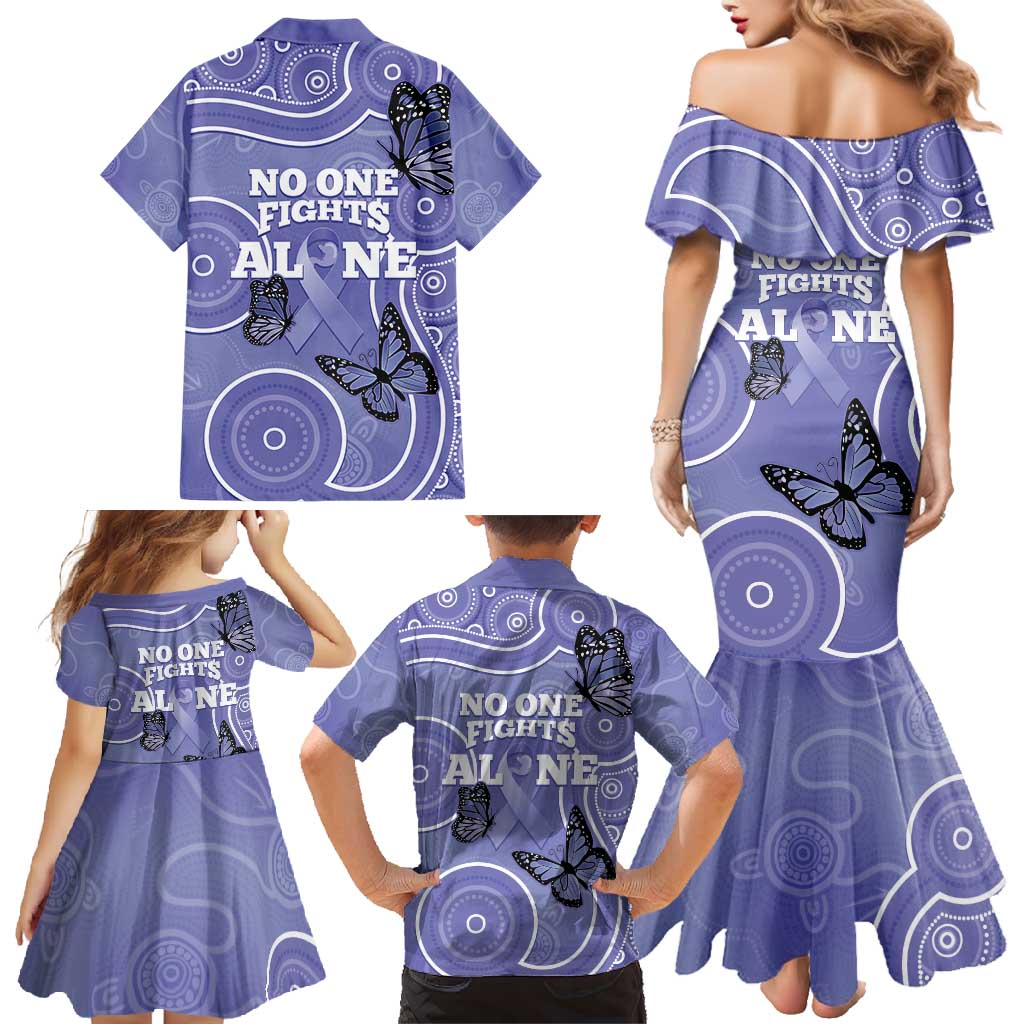Australia Stomach Cancer Awareness Family Matching Mermaid Dress and Hawaiian Shirt No One Fights Alone Aboriginal Art